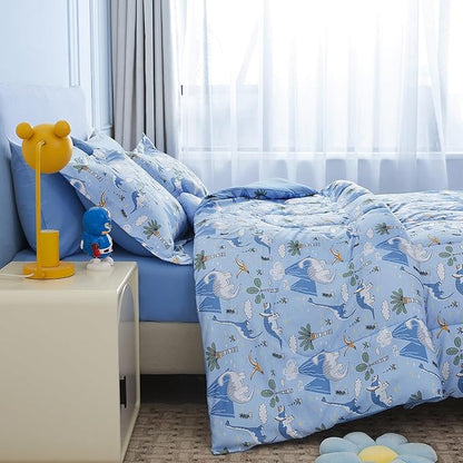 Mooreeke Kids Comforter Bed Set Twin Size for Boys, 6 Pieces Bed in a Bag with Shams, Sheet Set and 1 Decorative Toy Throw Pillow, Dinosaur Blue Super Twin Soft Microfiber Kids Comforter Bedding Set