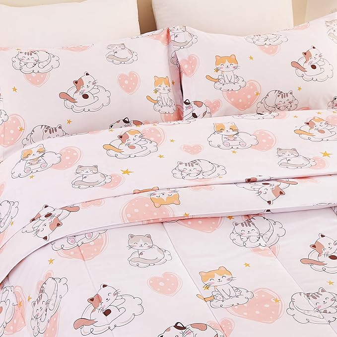 Cat Kids Comforter Set for Girls Twin, Cute Quilted Pink Heart Printed Bedding Set with Pillow Sham, Lightweight Soft Breathable Machine Washable Bed Set 2 Piece