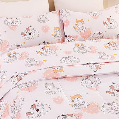Cat Kids Comforter Set for Girls Full Size, Cute Quilted Pink Heart Printed Bedding Set with Pillow Sham, Lightweight Soft Breathable Machine Washable Bed Set 3 Piece