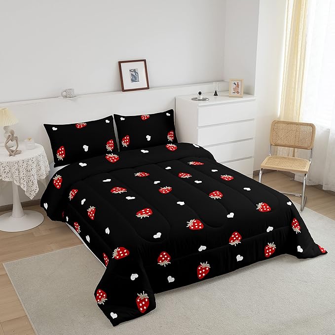 Erosebridal Strawberry Comforter Set Queen Size Red and Black Kawaii Strawberry Bedding Set for Kids Girls Women Bedroom Decor Children Cute Sweet Tropical Fruit Comforter Soft Reversible Bedding