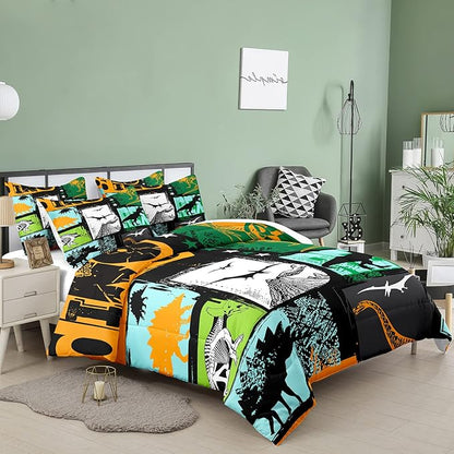 Bodhi Queen Size Teen Comforter Set,Boys Comforter Bedding Set with Pillowcases,Teen Kids Queen Size Dinosaur Comforter Set,Cartoon Dinosaur Bedding Set,Boy Bed Set