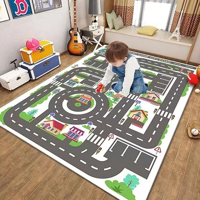 Kids Rug Play Mat Great for Playing with Cars and Toys,Educational Kid Road and Traffic City Life Carpet,Children Baby Fun Throw Rug for Bedroom Play Room,63X91Inch/160X230CM