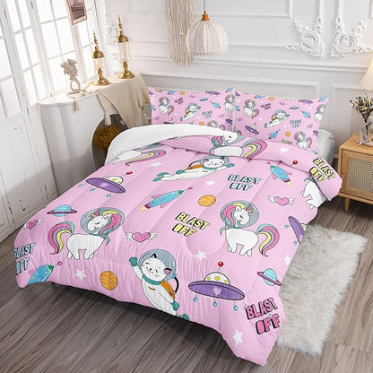 Kawaii unicorn Cat Comforter Set 3 Pieces Universe Galaxy Outer Space Bedding Set Astronaut Rocket Bed Quilt Set for Girls Boys Kids Pink