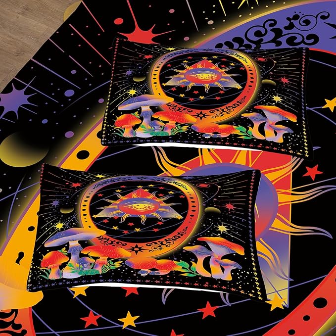 Tailor Shop Celestial Bedding Twin Size,Sun and Moon Bedding for Boys Girls Kids Teens, Mushroom Comforter Gothic Comforter Witchy Comforter Boho Exotic Black Bed with 1 Pillowcases