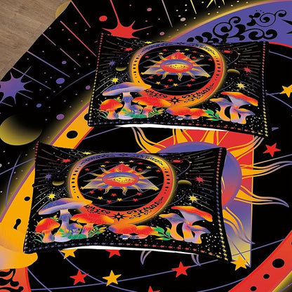 Tailor Shop Celestial Bedding Twin Size,Sun and Moon Bedding for Boys Girls Kids Teens, Mushroom Comforter Gothic Comforter Witchy Comforter Boho Exotic Black Bed with 1 Pillowcases