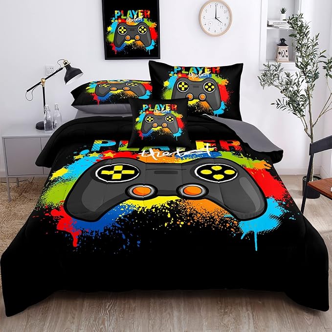 Kids Gaming Bedding Sets, 6 Piece Gamer Comforter Sets for Teens Boys Queen Size for Bedroom Comforter Set Adult 3D Gamepad Microfiber Bedding Sets Fits All Season Queen Comforter Set
