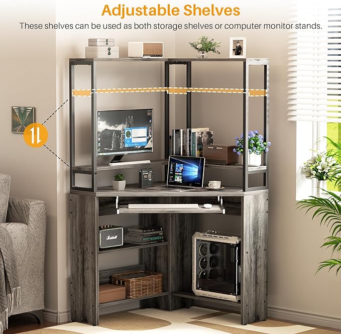 Cyclysio Small Corner Desk with Hutch, Heavy Duty Corner Computer Desk with Power Outlets & LED Light, Triangle Corner Gaming Desk with Keyboard Tray for Home Office, Small Space, Workstation Grey
