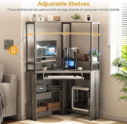 Cyclysio Small Corner Desk with Hutch, Heavy Duty Corner Computer Desk with Power Outlets & LED Light, Triangle Corner Gaming Desk with Keyboard Tray for Home Office, Small Space, Workstation Grey