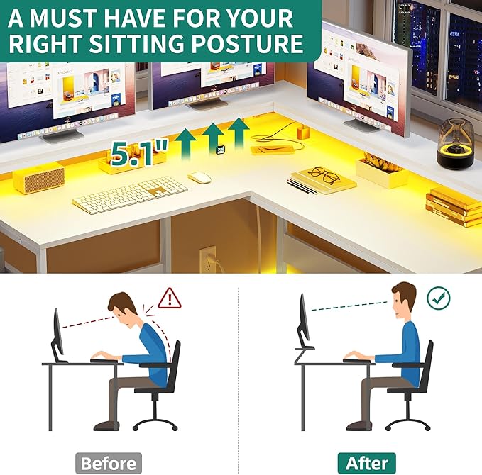 YITAHOME L Shaped Desk with Power Outlets & LED Lights, Reversible Computer Desk with Drawers & Hutch, Corner Desk Office Desk with Monitor Stand, Printer Stand, 2 Person Desk, White