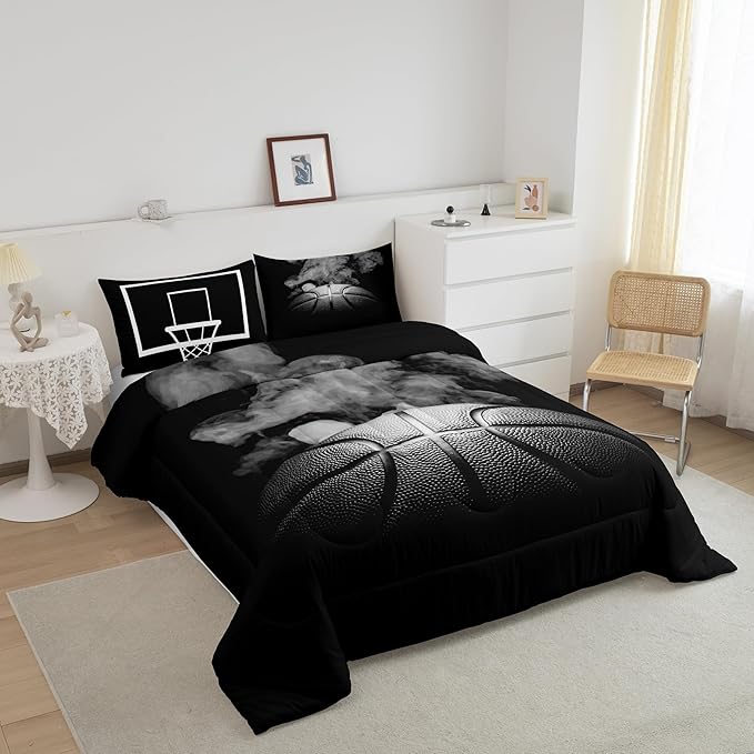 Erosebridal Basketball Comforter Set for Boys Teen King Size Sports Basketball Bedding Set Basketball Room Decor Reversible Black Down Comforter Grey Hippie Smoke Quilt Duvet Insert 2 Pillow Case