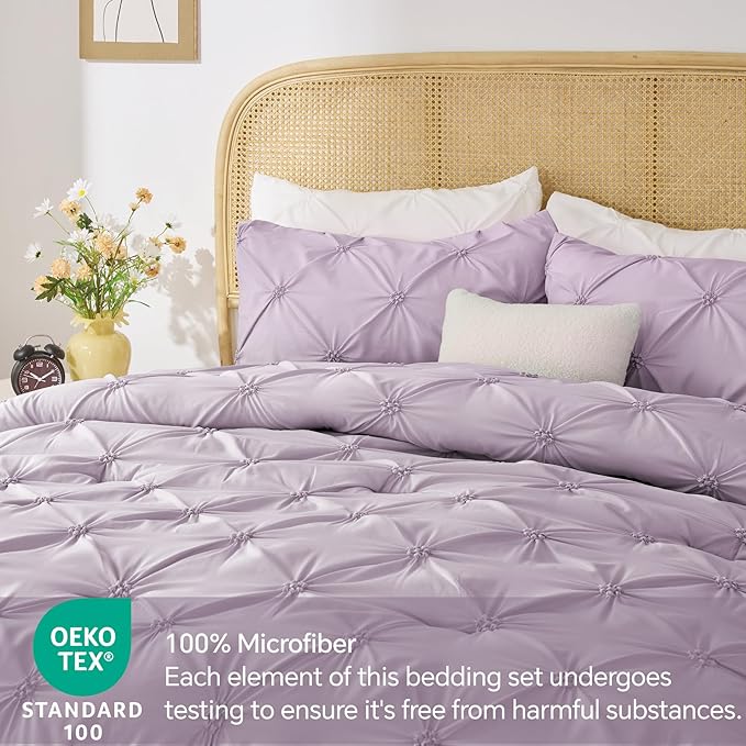 BEDELITE Light Purple King Size Comforter Set - 3 Pieces Boho Pintuck Bedding Comforter Sets, Lightweight Soft & Warm King Bedding Set with 2 Pillowcases for All Season