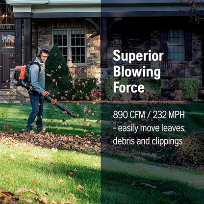 Husqvarna 360BT Gas Leaf Blower, 65.6-cc 3.81-HP 2-Cycle Backpack Leaf Blower with 890-CFM, 232-MPH, 30-N Powerful Clearing Performance and Load-Reducing Harness