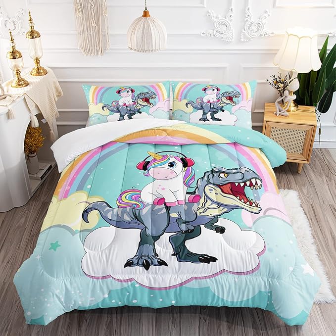 Unicorn Comforter Set 3Pcs Cartoon Dinosaur Kids Bedding Set Rainbow Cloudy Star Bed Set with 1 Comforter and 2 Pillowcases