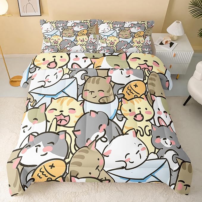 Kawaii Cat Comforter King Size,Cute Cat Comforter Set for Kids Teens Girls,3Pcs Bedding Set Printed Comforter with 2 Pillowcases,Down Alternative,Soft and Lightweight，King Size