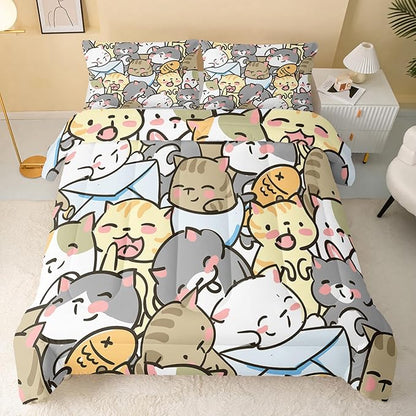 Kawaii Cat Comforter King Size,Cute Cat Comforter Set for Kids Teens Girls,3Pcs Bedding Set Printed Comforter with 2 Pillowcases,Down Alternative,Soft and Lightweight，King Size