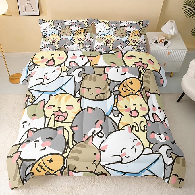 Kawaii Cat Comforter Twin Size,Cute Cat Comforter Set for Kids Teens Girls,3Pcs Bedding Set Printed Comforter with 2 Pillowcases,Down Alternative,Soft and Lightweight，Twin Size