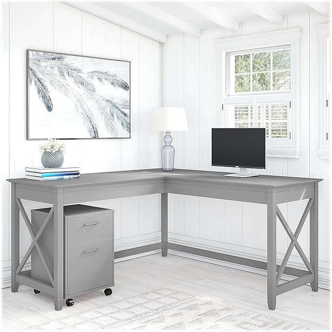 Bush Furniture Key West 60W L Shaped Desk with 2 Drawer Mobile File Cabinet in Cape Cod Gray