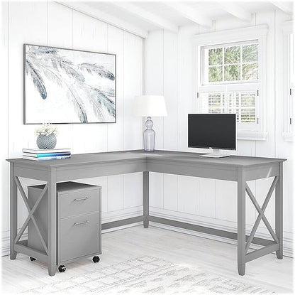 Bush Furniture Key West 60W L Shaped Desk with 2 Drawer Mobile File Cabinet in Cape Cod Gray