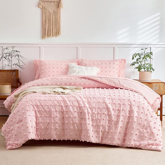 7 Pieces Tufted Dots Bed in a Bag Queen Comforter Set Girls Pink , Soft and Embroidery Shabby Chic Boho Comforters, Luxury Solid Color with Pom Pom Design, Jacquard Tufts Bedding Set for All Season
