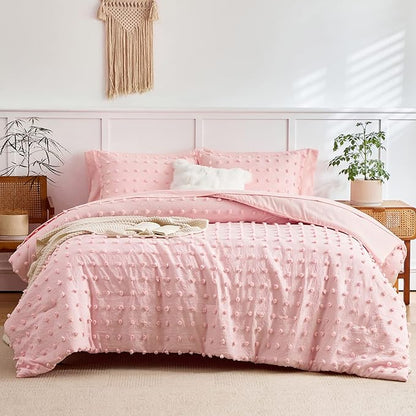 7 Pieces Tufted Dots Bed in a Bag King Comforter Set with Sheets Pink , Soft and Embroidery Shabby Chic Boho Comforters, Solid Color with Pom Pom Design, Jacquard Tufts Bedding Set for All Season