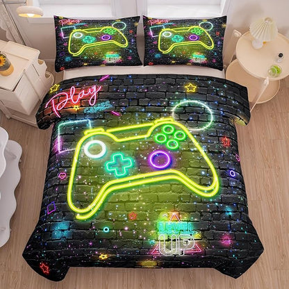 NINENINE Gaming Bedding 5PCS Queen Size Comforter Sets for Boys,Gamer Bedding Sets for Boys,Gampad Black Comforter Sheet Set(1Comforter, 1Flat Sheet, 1Fitted Sheet, 2Pillowcases)…
