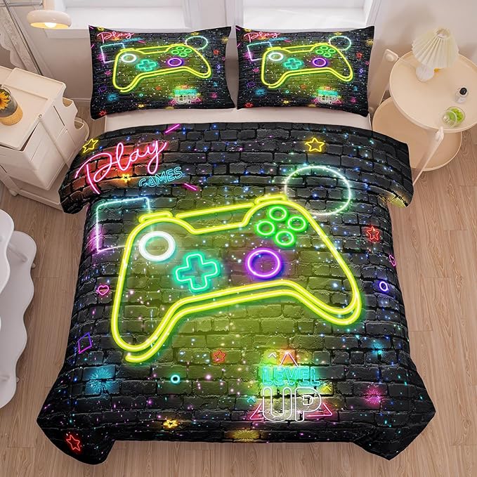 Twin Bedding Sets for Boys, Gamer Comforter Sets for Boys Teens, 3D Printed Gaming Console Soft Microfiber Bedding Sets, Twin Bed Comforter Set for Boys (1 Comforter +1 Pillowcases)