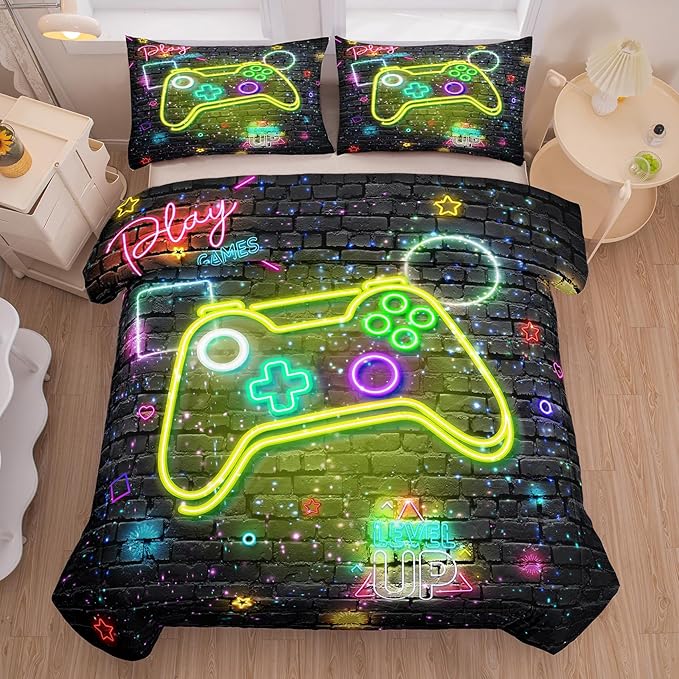 NINENINE Full Size Bedding Sets for Boys,5PCS Gaming Bedding Sets,Full Size Comforter Size for Boys,Boys Bedding Full Size(1Comforter, 1Flat Sheet, 1Fitted Sheet, 2Pillowcases)