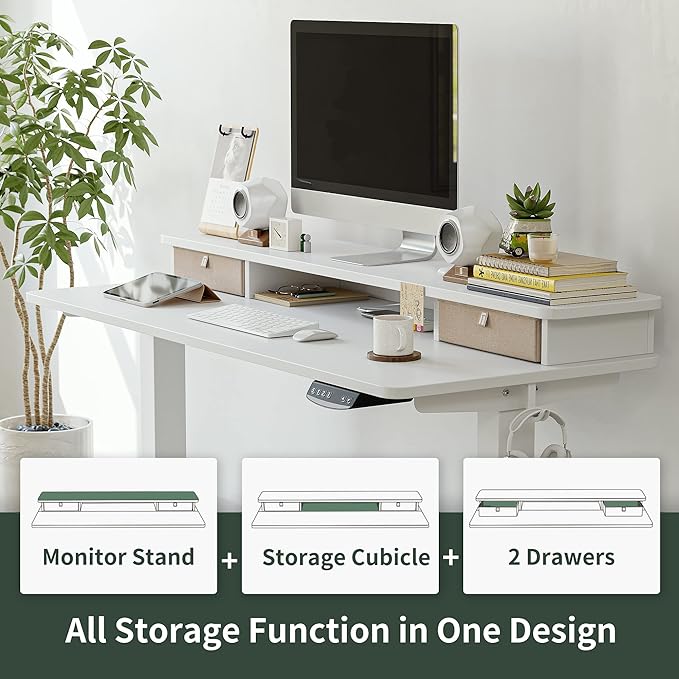 FEZIBO 40 x 24 Inch Height Adjustable Electric Standing Desk with Double Drawer, Stand Up Desk with Storage Shelf, Sit Stand Desk, White