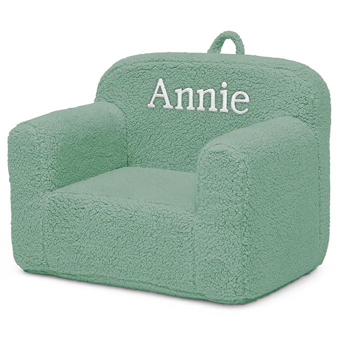 Delta Children Personalized Sherpa Cozee Chair - Customize with Name – Foam Kids Chair for Ages 18 Months and Up, Sage