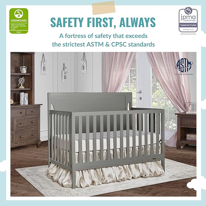 Cape Cod 5-in-1 Convertible Crib in Storm Grey, Greenguard Gold Certified, 55x30x44.5 Inch (Pack of 1)