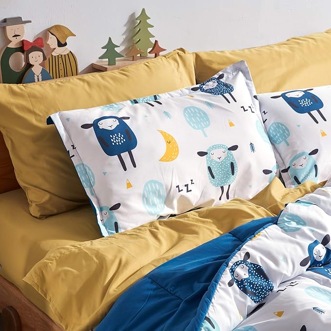 SLEEP ZONE Kids Bedding Comforter Set Full/Queen Size - Super Cute & Soft Kids Bedding 7 Pieces Set with Comforter, Sheet, Pillowcase & Sham (Blue Sheep)