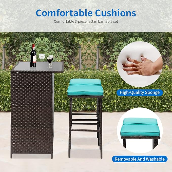 FDW 3PCS Patio Bar Set Outdoor Furniture Set Wicker Bistro Set with Two Stools for Patio Backyard Balcony,Blue Cushion