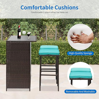 FDW 3PCS Patio Bar Set Outdoor Furniture Set Wicker Bistro Set with Two Stools for Patio Backyard Balcony,Blue Cushion