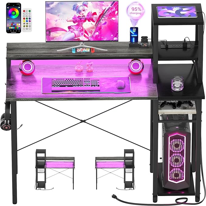 armocity 2024 Upgrade Gaming Desk with LED Lights, Small Computer Desk with Long Monitor Stand, 40'' Reversible Laptop Table with Storage Shelves, Small Desk for Small Spaces, Gaming Room, Grey