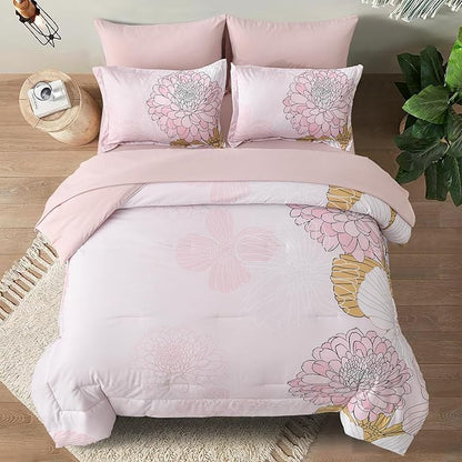 Yiran Bed in a Bag 7 Pieces Pink Colorful Floral Comforter Set Queen Size Soft Microfiber Bedding Set with Comforter,Sheets, Pillowcases & Shams 90"×90"