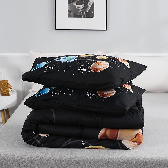 Twin Bedding Sets for Boys Girls Solar System Comforter Set Outer Space Bedding Set 3 Pieces 1 Space Comforter Twin and 2 Pillow Cases Kids Ultra-Soft Microfiber All Seasons for Bedroom Sofa
