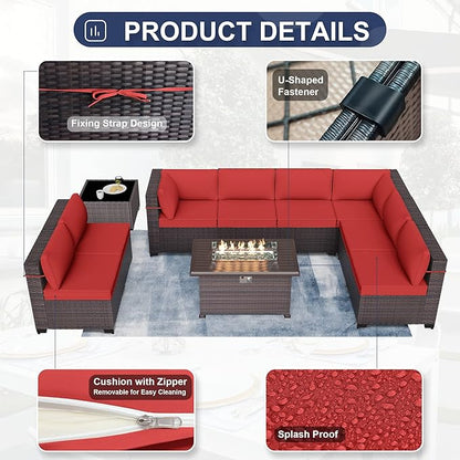 Patio Furniture Sectional Sofa 10 Pieces PE Rattan Patio Conversation Set w/43in Gas Fire Pit Table, Outdoor Furniture with 55000 BTU Propane Fire Pit, Red