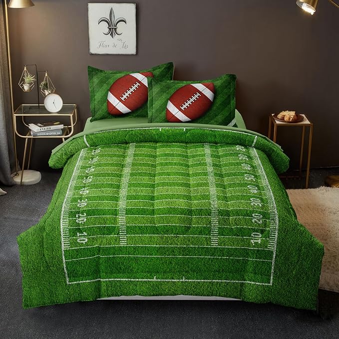 Football Comforter Set Full Size for Teen Boys, Kids Football Field Bedding Green Themed Bedroom Set with Sheets, Full Bed in a Bag Set