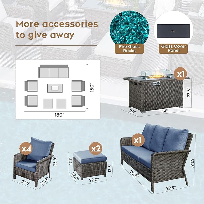 Yechen Patio Conversation Set 9 Seats with 44" Propane Gas Fire Pit Table - 8 Pcs Outdoor Wicker Furniture Set with Lid & Wind Shields - Sectional Sofa Set for Porch,Backyard