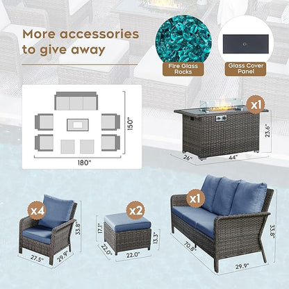 Yechen Patio Conversation Set 9 Seats with 44" Propane Gas Fire Pit Table - 8 Pcs Outdoor Wicker Furniture Set with Lid & Wind Shields - Sectional Sofa Set for Porch,Backyard