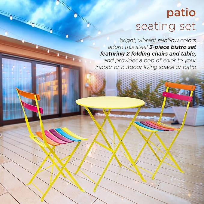 Alpine Corporation MSY114A Rainbow Metal Bistro Set w Two, Table: 24" L x 24" W x 28" H Chair: 16" L 18" W x 32" H
