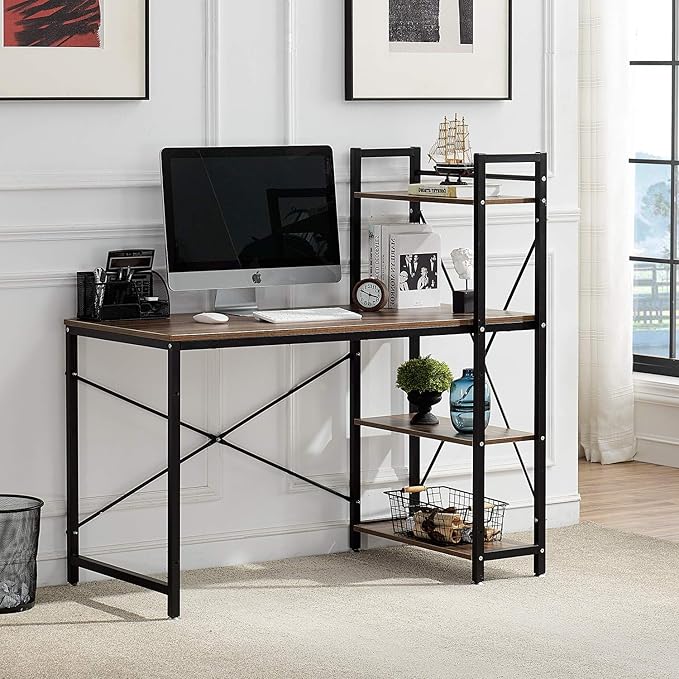 VECELO Computer Drawers/Shelves with Storage for Study/Writing and Home Office Workstation, 47 Inch Desk, Vintage Brown
