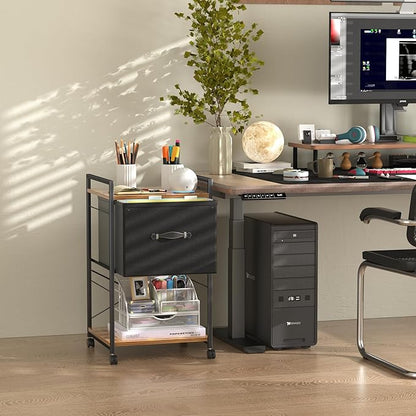 VECELO Vertical Filing Cabinet Set of 2, Rolling Printer Shelf with Handle, Suitable for Letter Size, Sturdy Steel Frame and Folding Fabric Drawer for Living Room/Bedroom/Hallway, Brown+Black