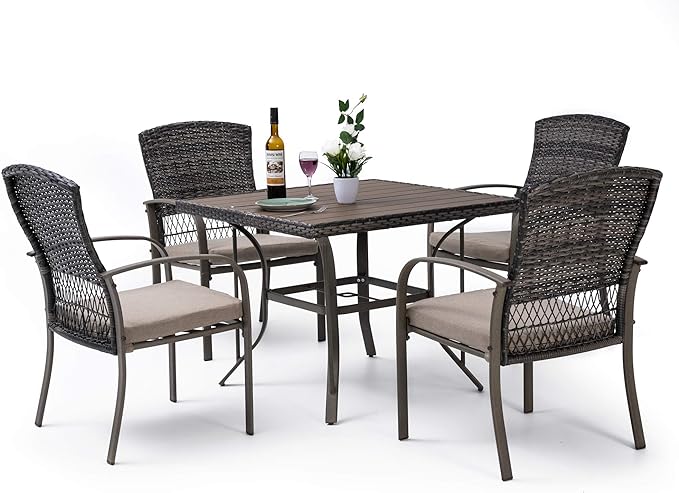Pamapic Outdoor Piece Patio Dining Set, Weather Resistant PE Rattan Table and Chairs, Comfortable Cushions, Easy Maintenance, 5 PCS, Beige