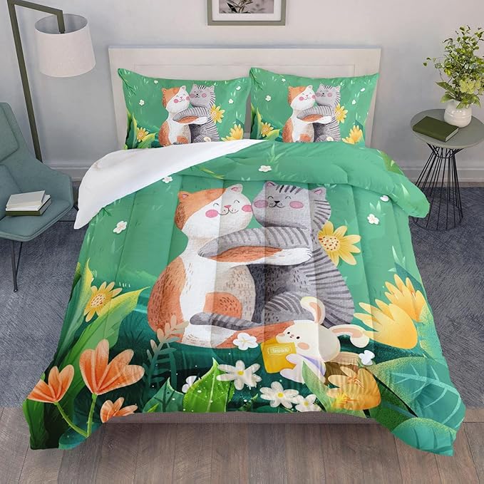 Datura home Cute Cat Kids Comforter Bedding Set for Boys Girls, Watercolor Cat Forest Rabbit and Flower Print Comforter with 2 Pillowcases(Cute Cat Queen)