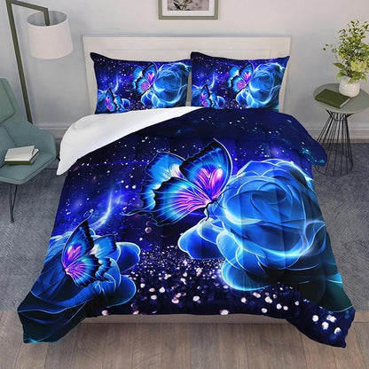 Galaxy Butterfly Comforter Set Queen Size for Girls Kids Adults Butterfly Rose Bedding Set Aesthetics Butterflies Quilt Bed Set with 1 Comforter and 2 Pillowcases