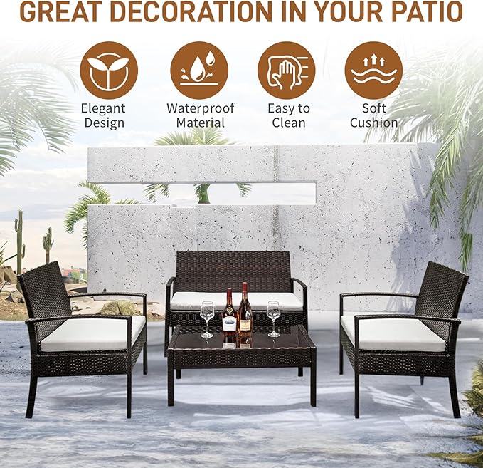 Outvita 4 Pieces Patio Furniture Set, Rattan Conversation Sets with Loveseat Soft Cushion and Glass Table for Garden Backyard Balcony Porch Poolside(Black)