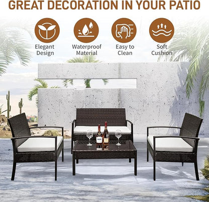 Outvita 4 Pieces Patio Furniture Set, Rattan Conversation Sets with Loveseat Soft Cushion and Glass Table for Garden Backyard Balcony Porch Poolside(Black)