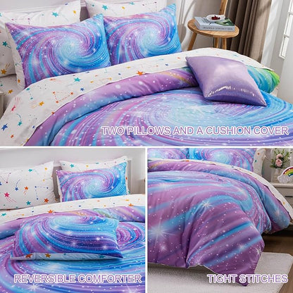 Btargot Super Soft 6 Pieces Gradient Star Ring Comforter Set, Colorful Glitter Rainbow Star Pattern Bedding Set for Boys Girls Teens, Twin Purple
