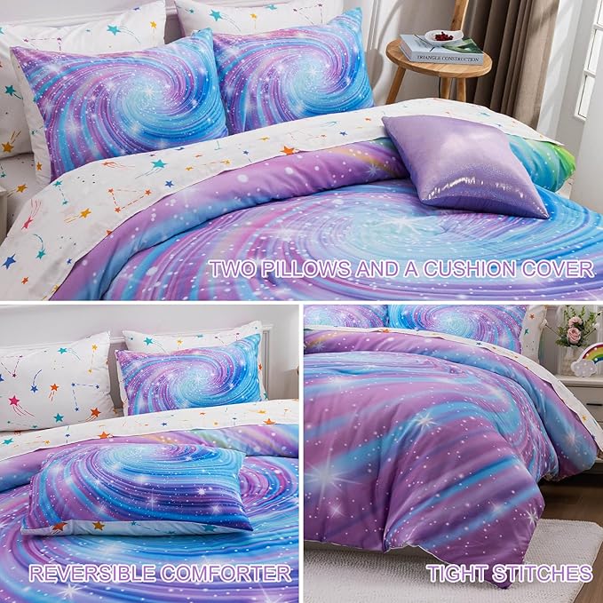 Btargot Super Soft 6 Pieces Gradient Star Ring Comforter Set, Colorful Glitter Rainbow Star Pattern Bedding Set for Boys Girls Teens, Full Purple